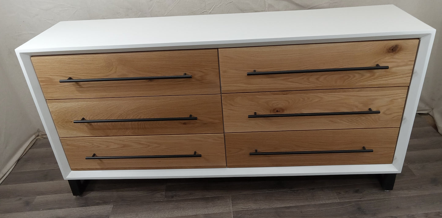 Modern 60"w 6 drawer dresser in white w/ white oak on 5" steel legs
