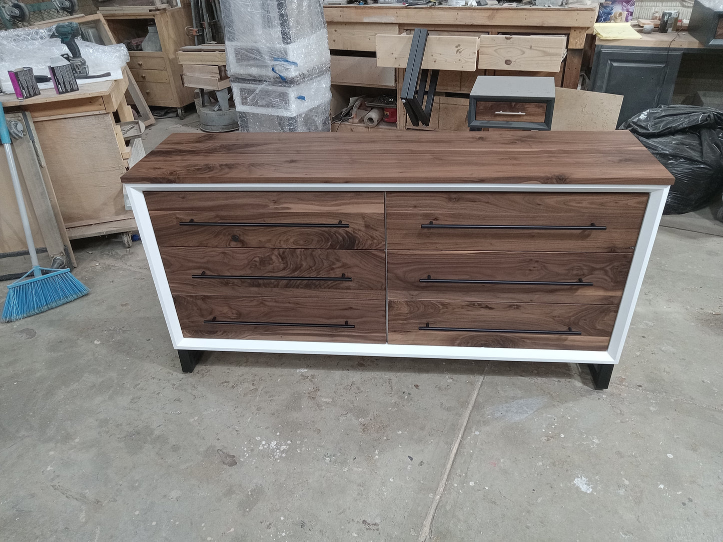 60" modern 6 drawer dresser in white w/walnut fronts and top on 5" steel legs made to order