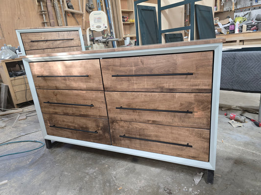 Handcrafted modern 8 drawer dresser in white with real walnut on 5" steel legs