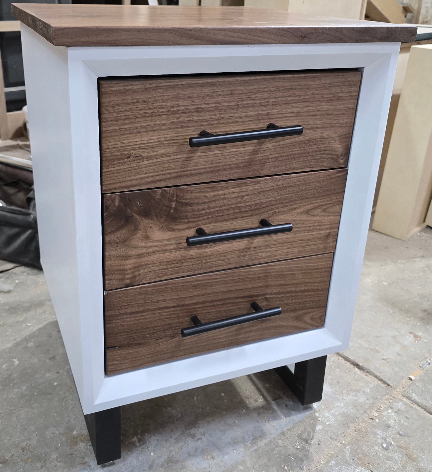 Handcrafted modern 3 drawer nightstand in white with walnut