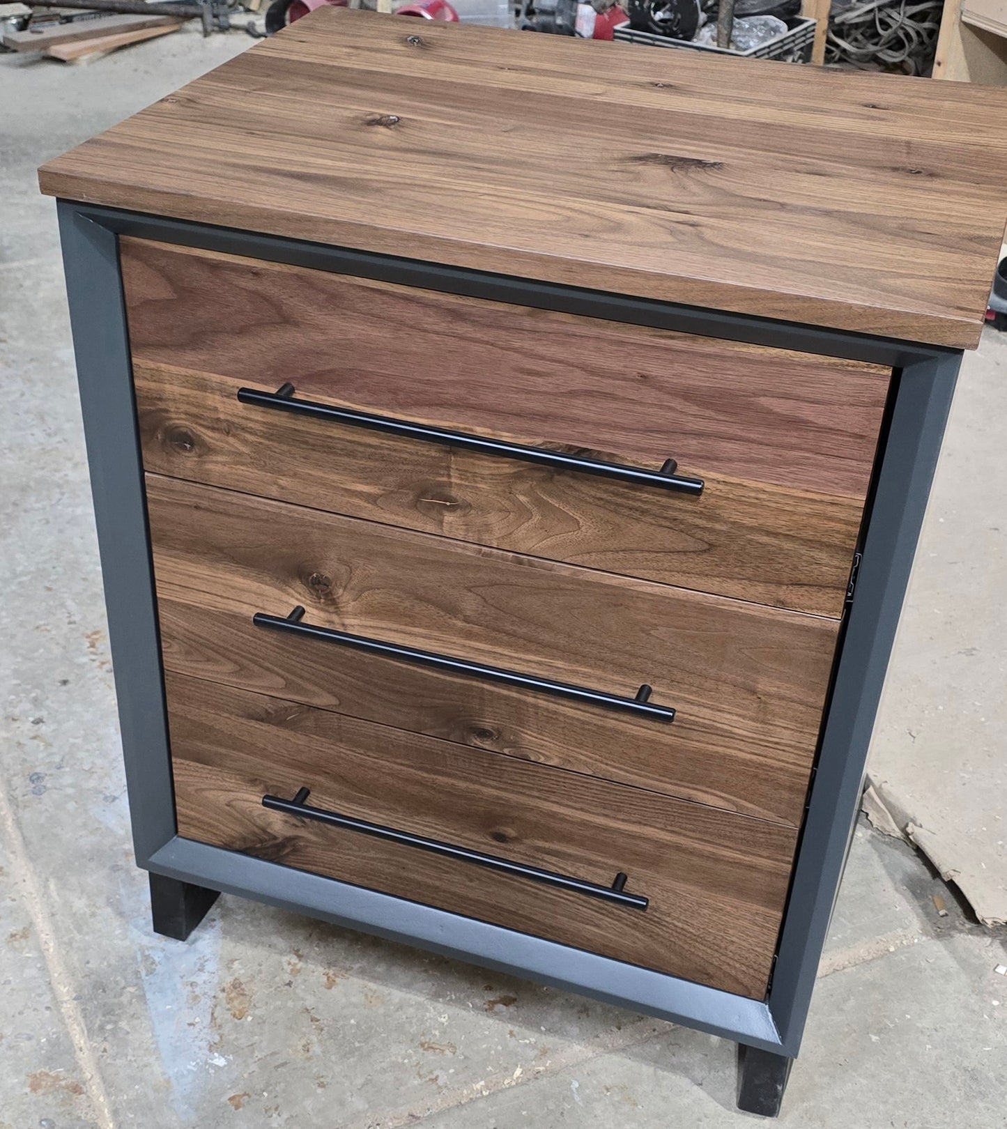 Handcrafted 3 drawer nightstand in iron finish w/real walnut fronts and tops 18w x 18d x 24t
