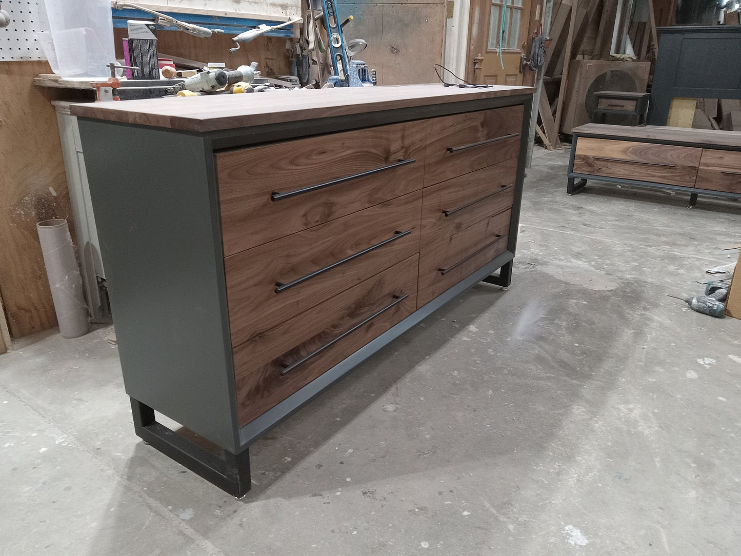 60" Modern 6 drawer dresser in iron finish with walnut fronts and top.