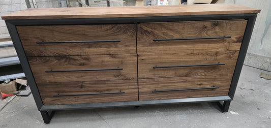 60" Modern 6 drawer dresser in iron finish with walnut fronts and top.