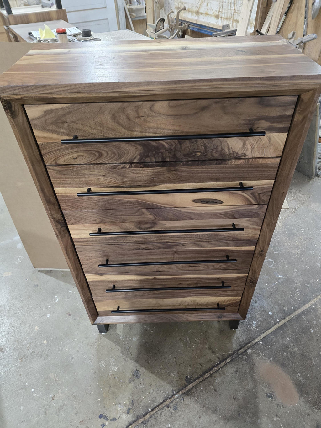 Handcrafted Modern Industrial 6 drawer Chest of Drawers in real walnut 49t x 30w x 18d with Steel Legs and Adjustable Feet