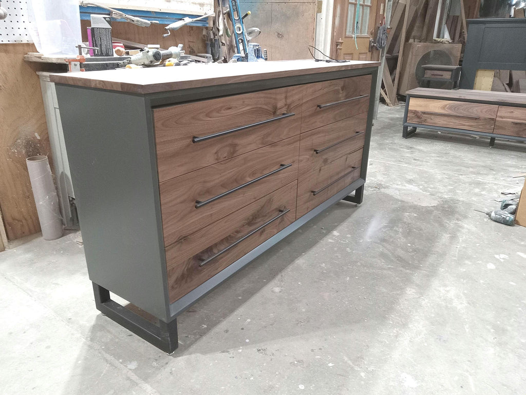 Hand Crafted to order 5 foot  6-Drawer Modern Industrial Dresser with real Walnut Drawer Faces and top