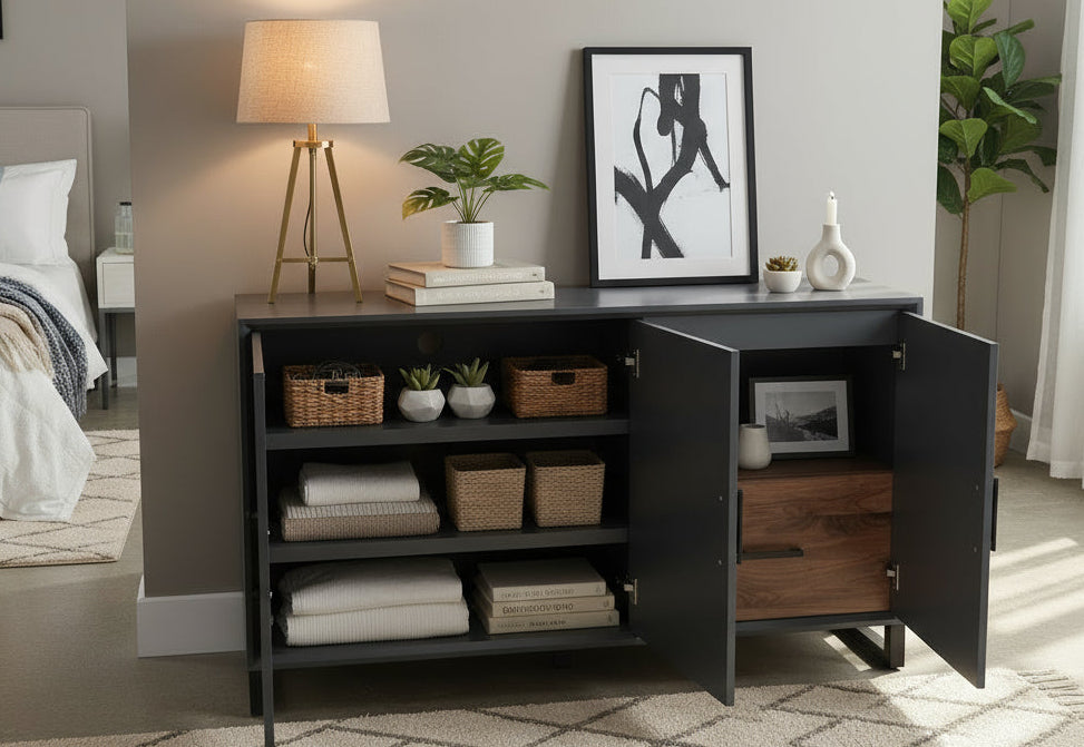 48" accent cabinet with open shelf and drawer with walnut fronts and top. Made to order.