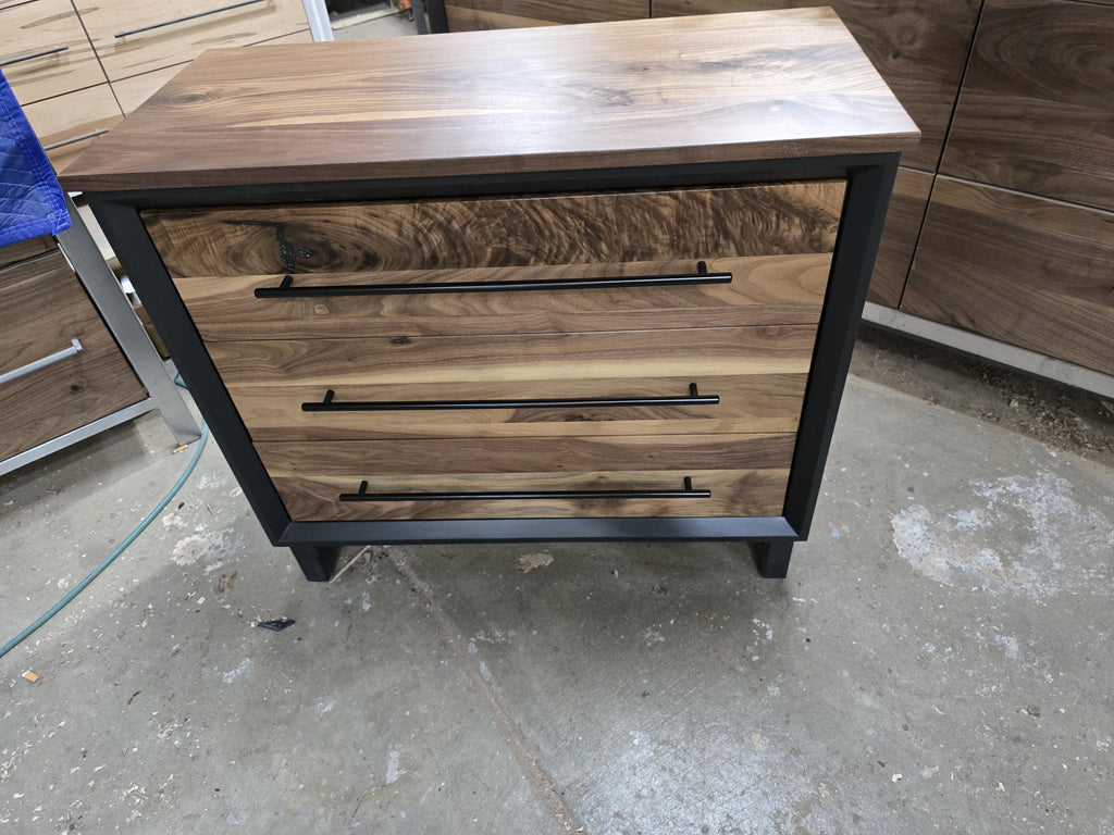 small 3 drawer dresser/nightstand with real walnut shown in black with steel legs (other options available) 34w x 30t x 16d