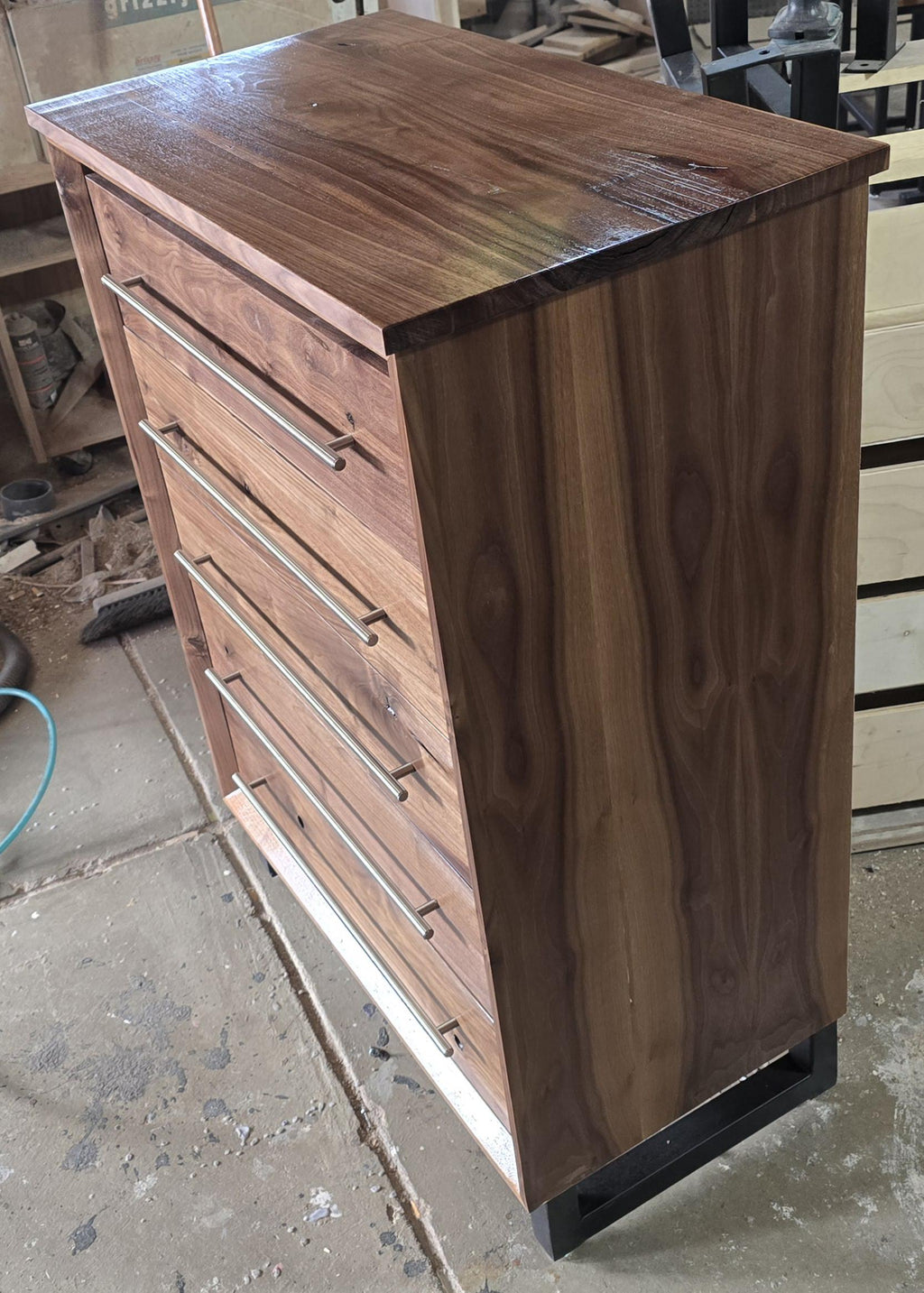 Handcrafted Modern Industrial Chest of Drawers in walnut 42t x 30w x 18d with Steel Legs and Adjustable Feet
