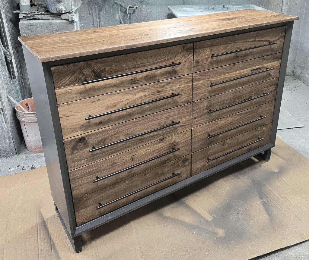 Hand Crafted 5 foot 42"tall  10 Drawer Modern Industrial Dresser with real Walnut Drawer Faces and top.