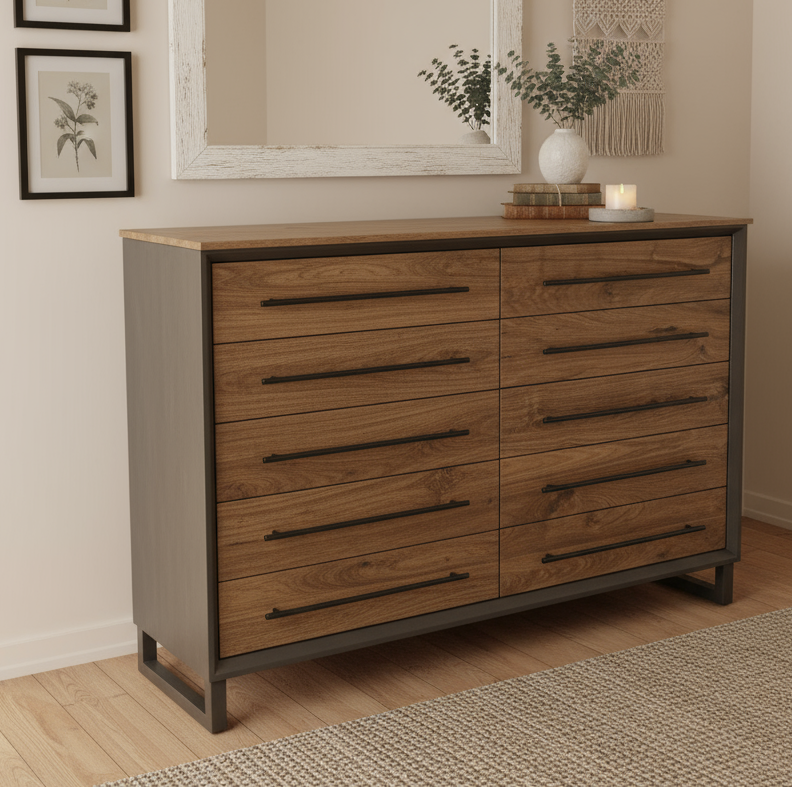 Hand Crafted 5 foot 42"tall  10 Drawer Modern Industrial Dresser with real Walnut Drawer Faces and top.