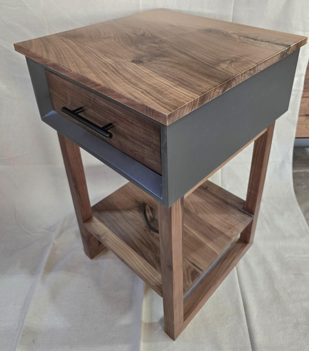 handcrafted single drawer nightstand with real walnut and iron painted shell