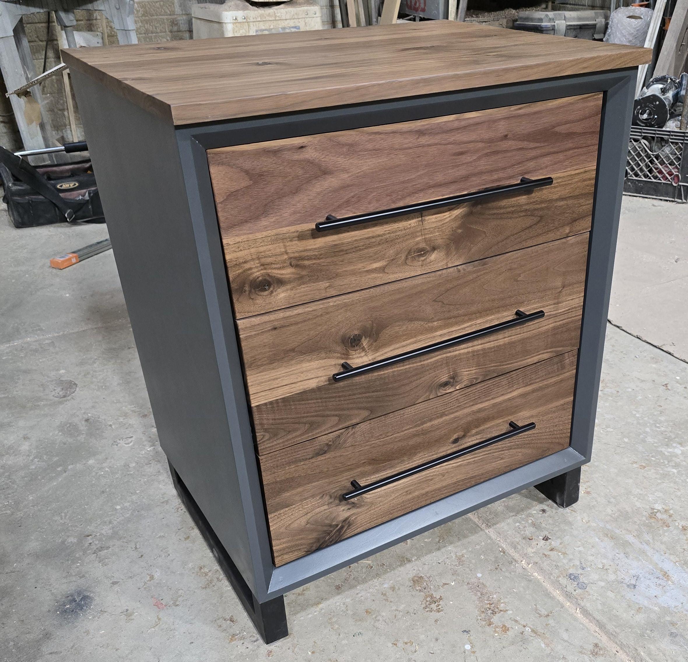 handmade small dresser/side table with 3 walnut faced drawers on steel legs 26w x 32t x 20d
