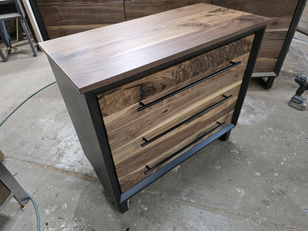 small 3 drawer dresser/nightstand with real walnut shown in black with steel legs (other options available) 34w x 30t x 16d