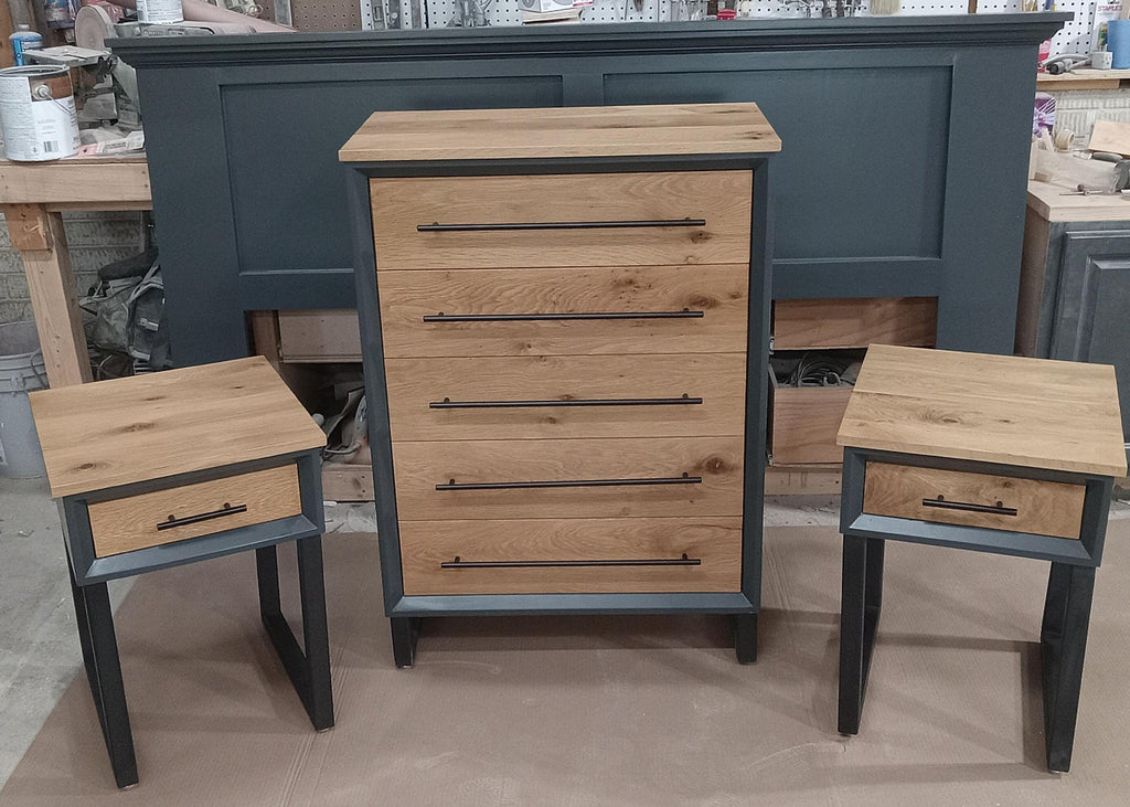 handmade 18 x 18 x 24t nightstands with white oak drawer front and top on steel legs