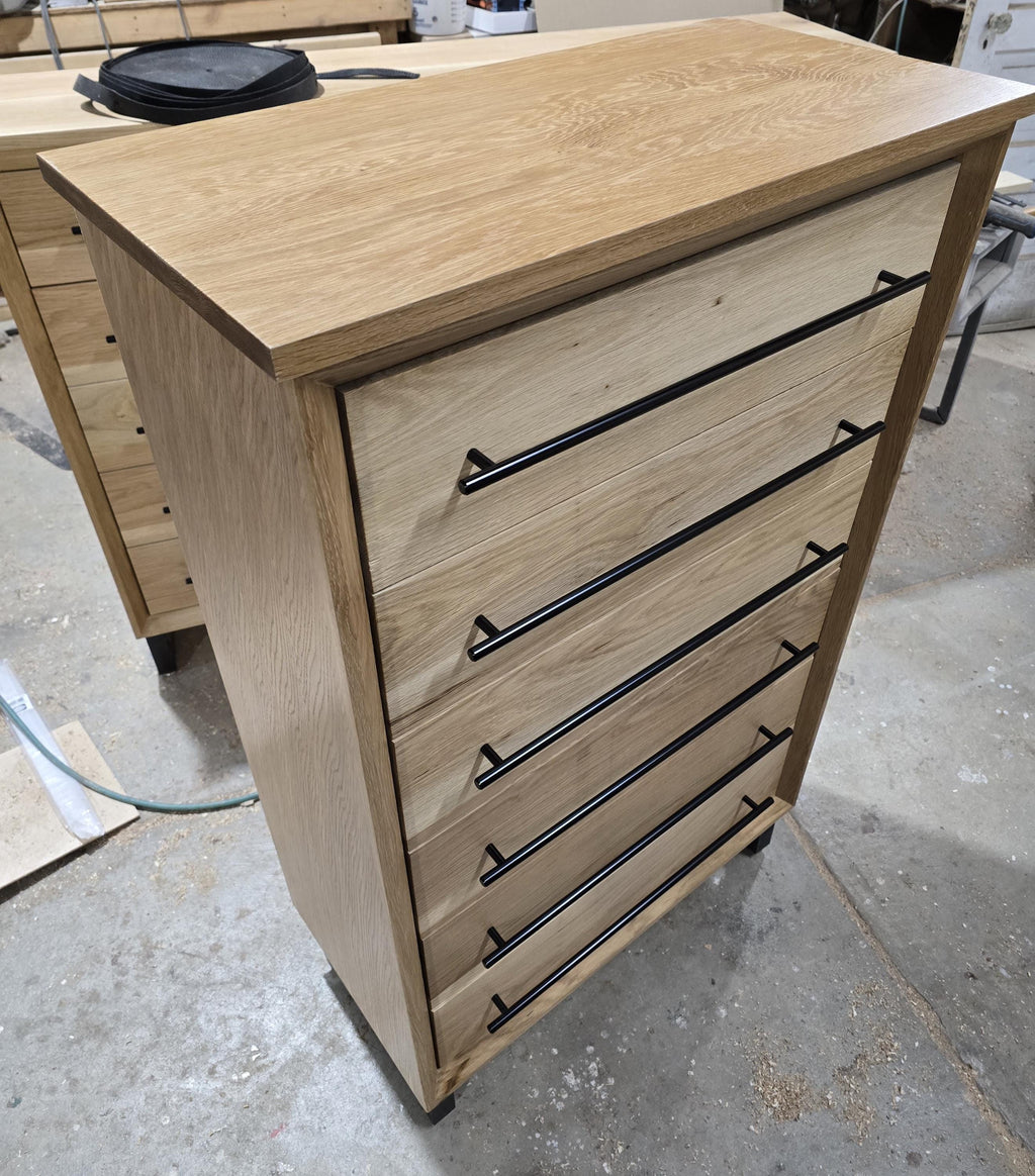 handcrafted Modern Industrial 6 drawer Chest of drawers in white oak 49t x 30w x 15d with Steel Legs and Adjustable Feet