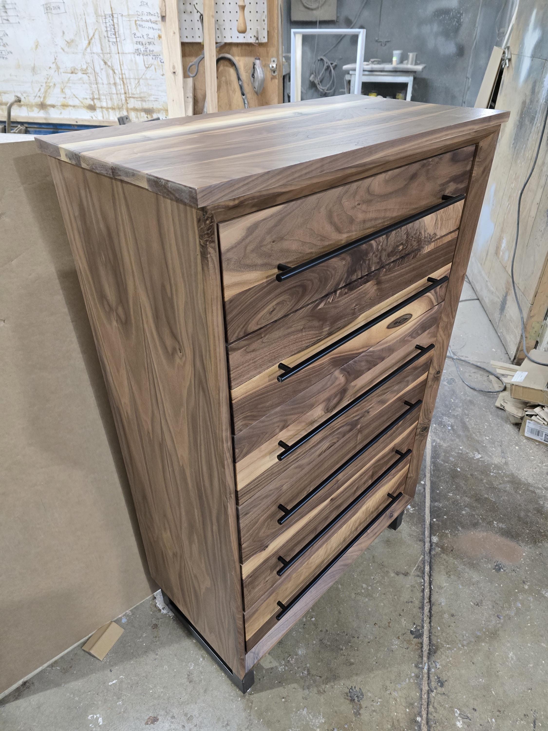 Handcrafted Modern Industrial 6 drawer Chest of Drawers in real walnut 49t x 30w x 18d with Steel Legs and Adjustable Feet
