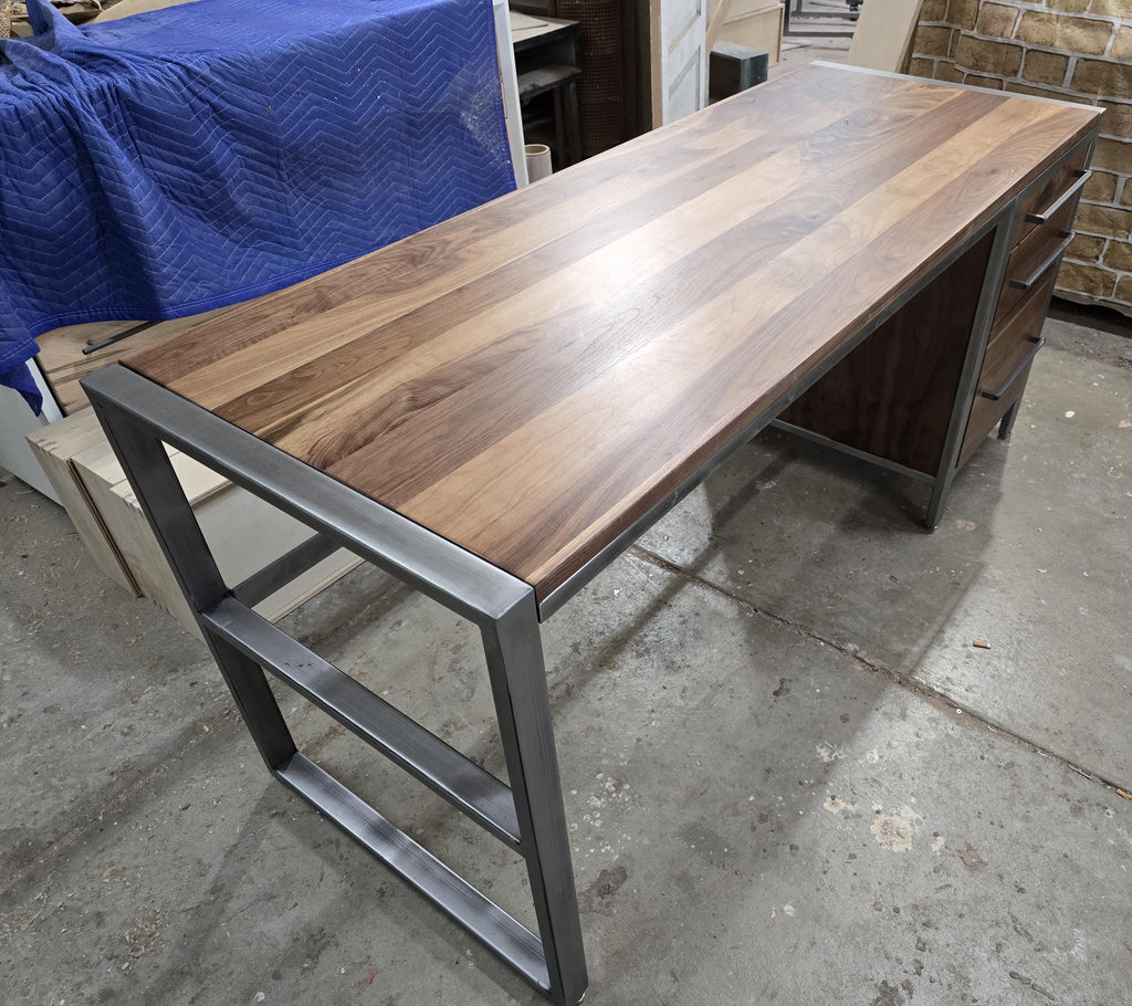 handcrafted modern industrial executive desk made with clear coated steel and natural real walnut 72w x 26d x 30t