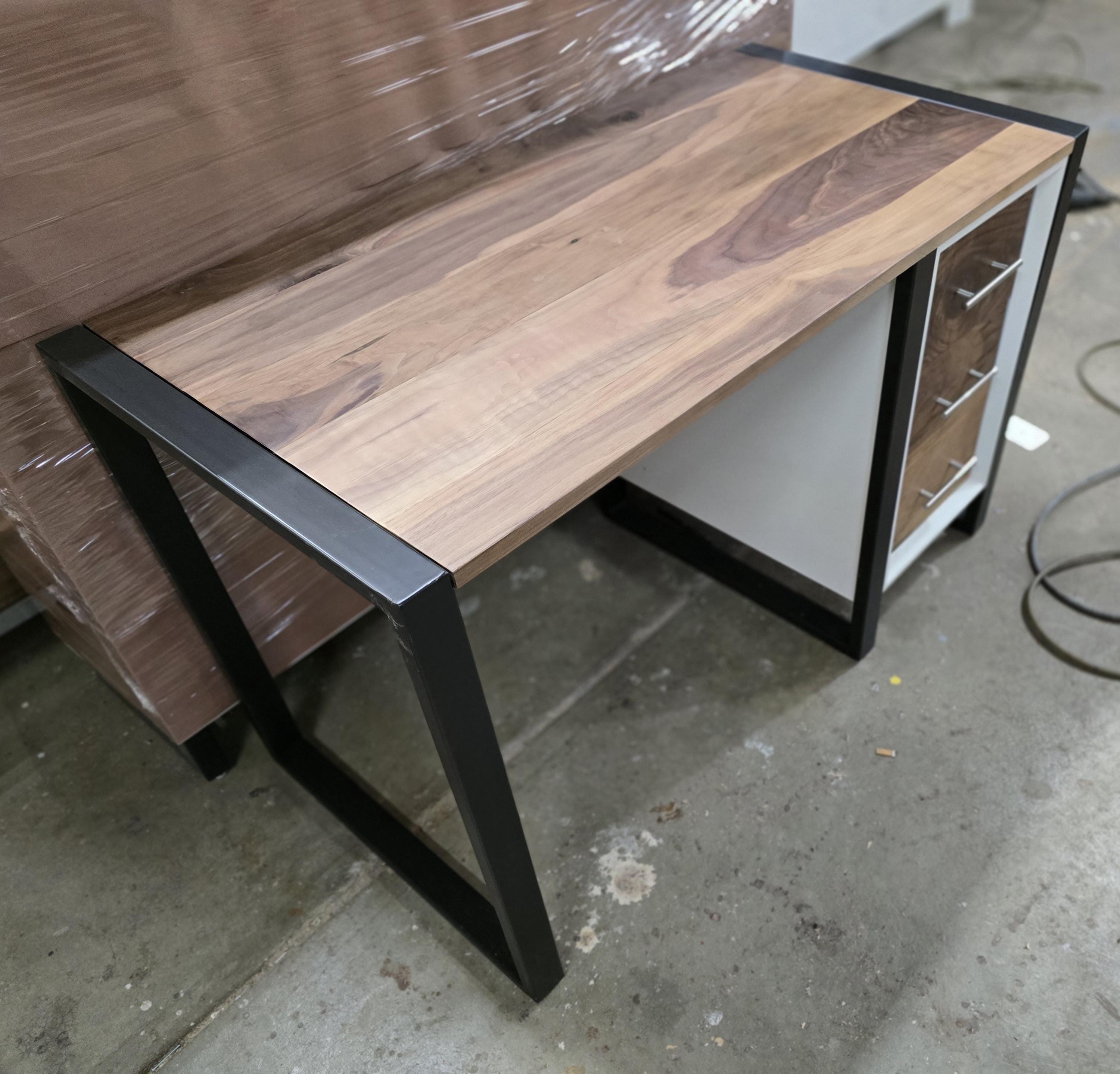 4ft wide 3 drawer modern desk with real walnut top and steel legs (shown in white) variations available.
