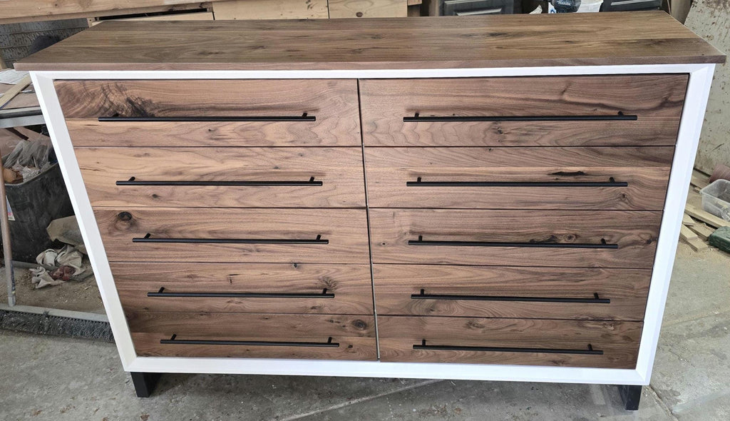 Hand Crafted 5 foot 42"tall  10 Drawer Modern Industrial Dresser with real Walnut Drawer Faces and top room of choice delivery included.