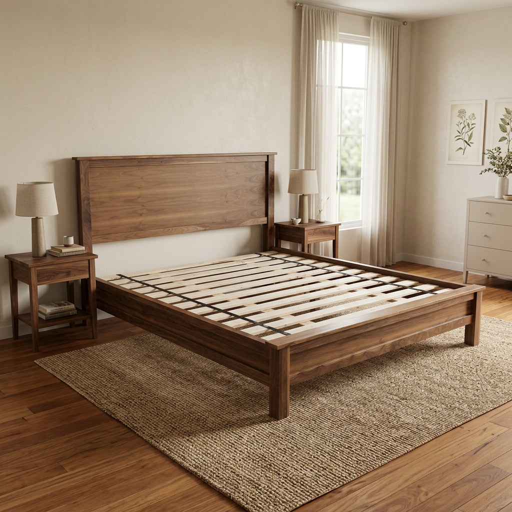 Angled view of walnut platform bed with exposed slats in a bedroom scene
