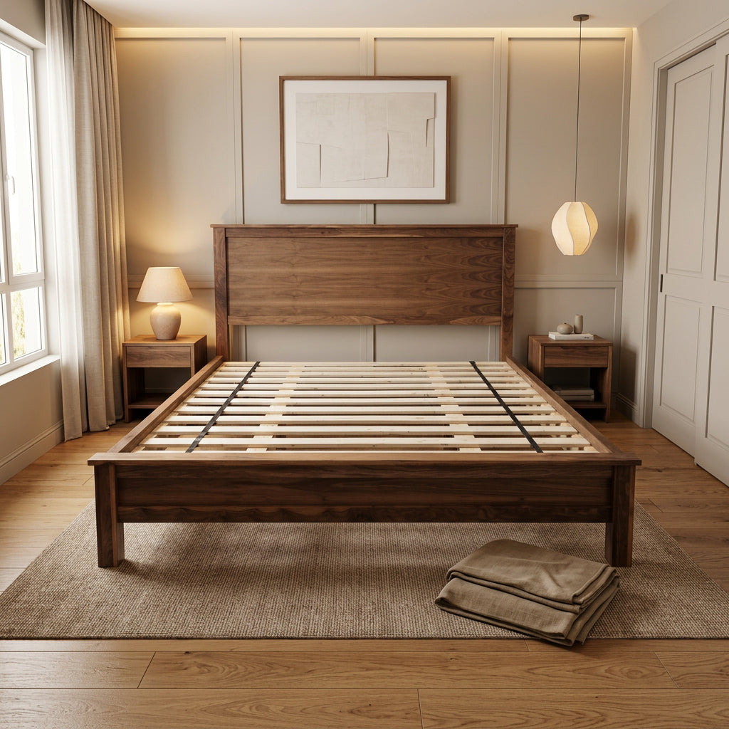Front view of walnut platform bed with exposed slats in a styled bedroom scene