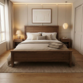 Walnut platform bed with panel headboard and bedding in a styled bedroom scene