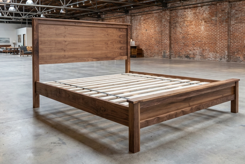 Walnut platform bed with panel headboard and exposed slats in an industrial interior scene