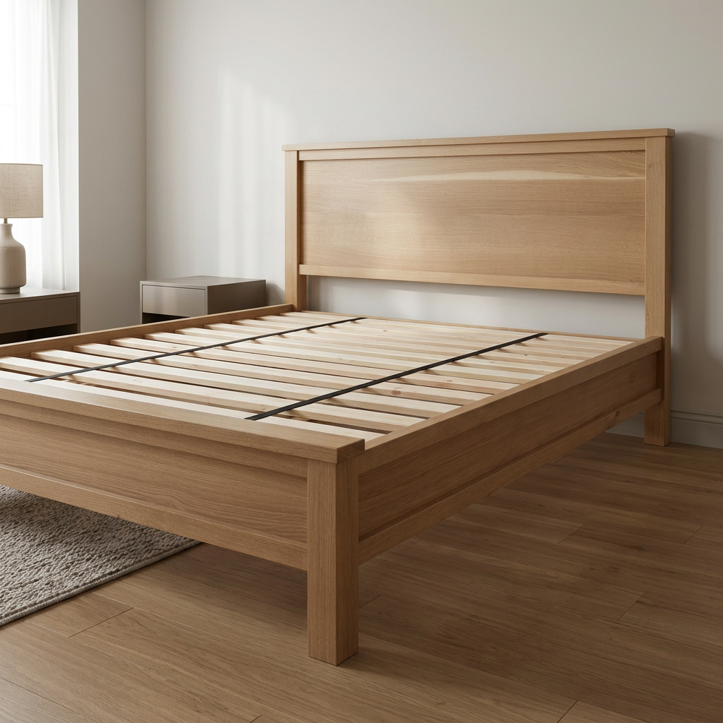 Angled view of white oak platform bed frame with slats exposed in a bedroom scene