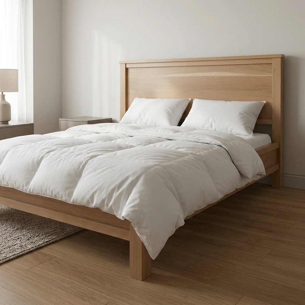 White oak platform bed with panel headboard and white bedding in a bedroom scene