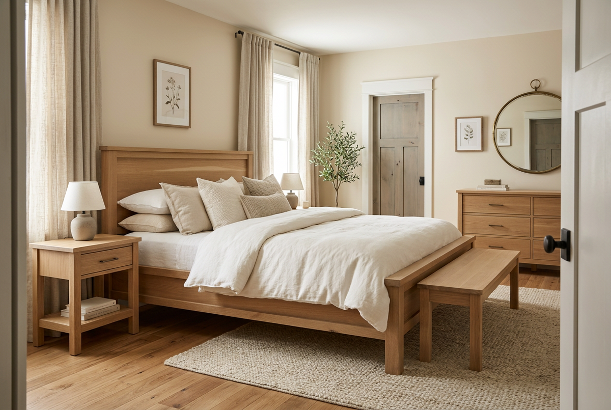 White oak platform bed with bedding, bench and bedside furniture in a styled room scene