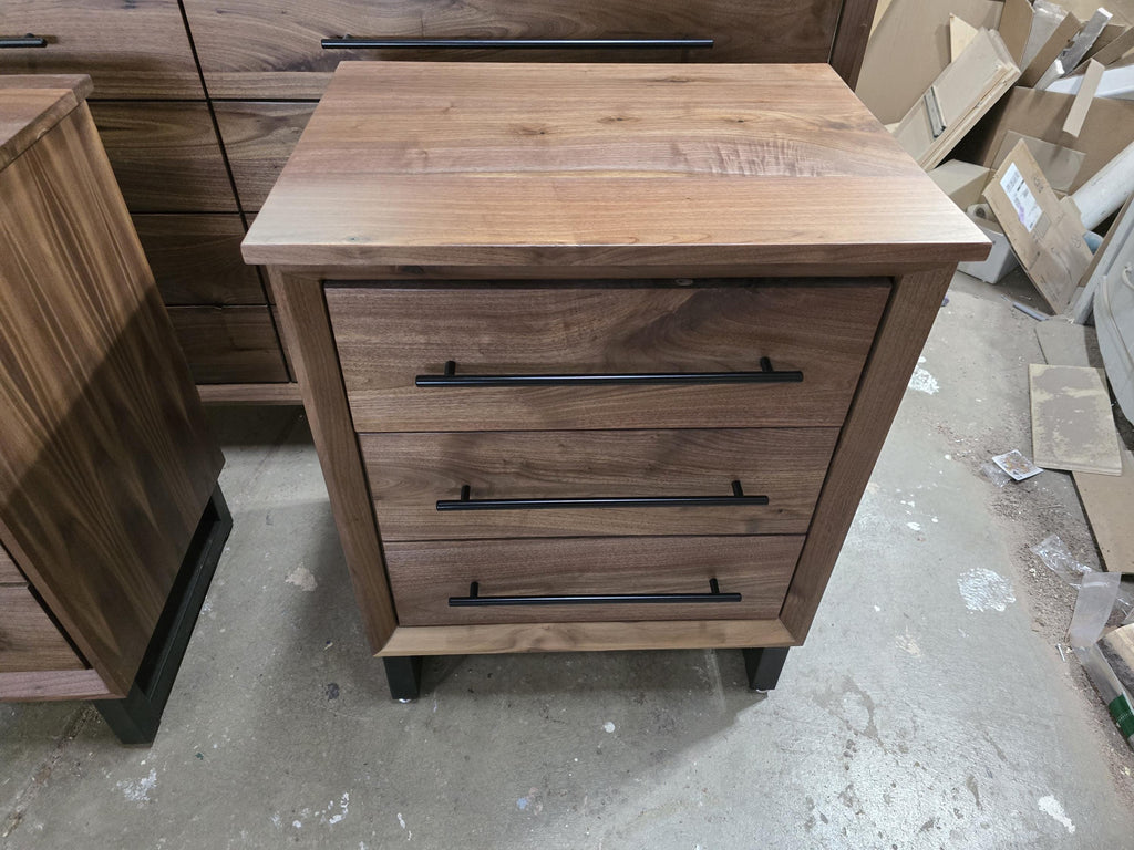 handmade pair of 24w x 30t x 18d walnut 3 drawer nightstand in modern industrial style