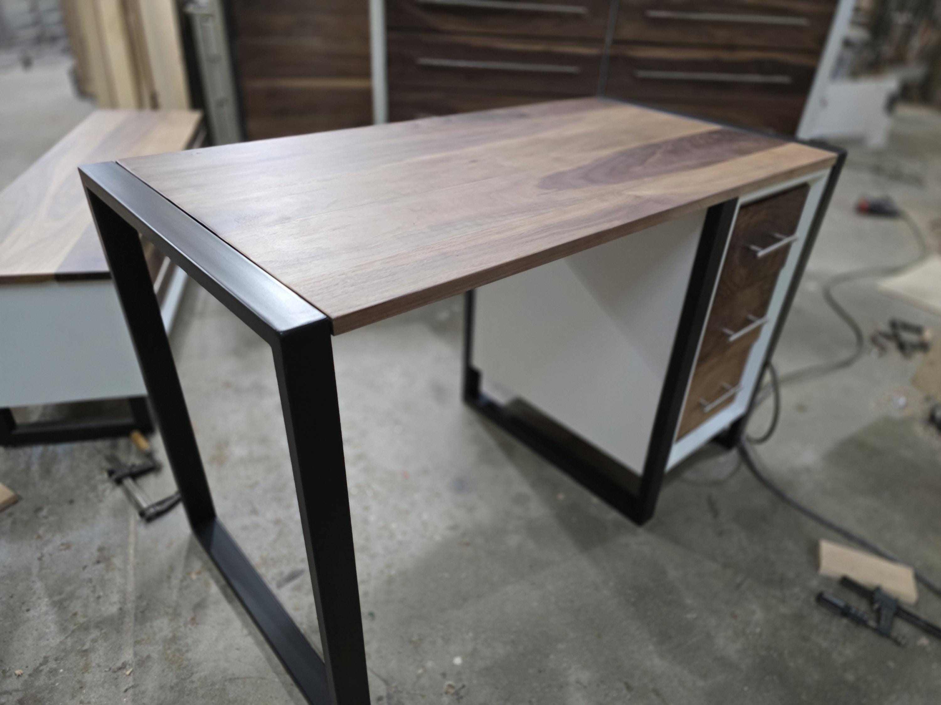 4ft wide 3 drawer modern desk with real walnut top and steel legs (shown in white) variations available.