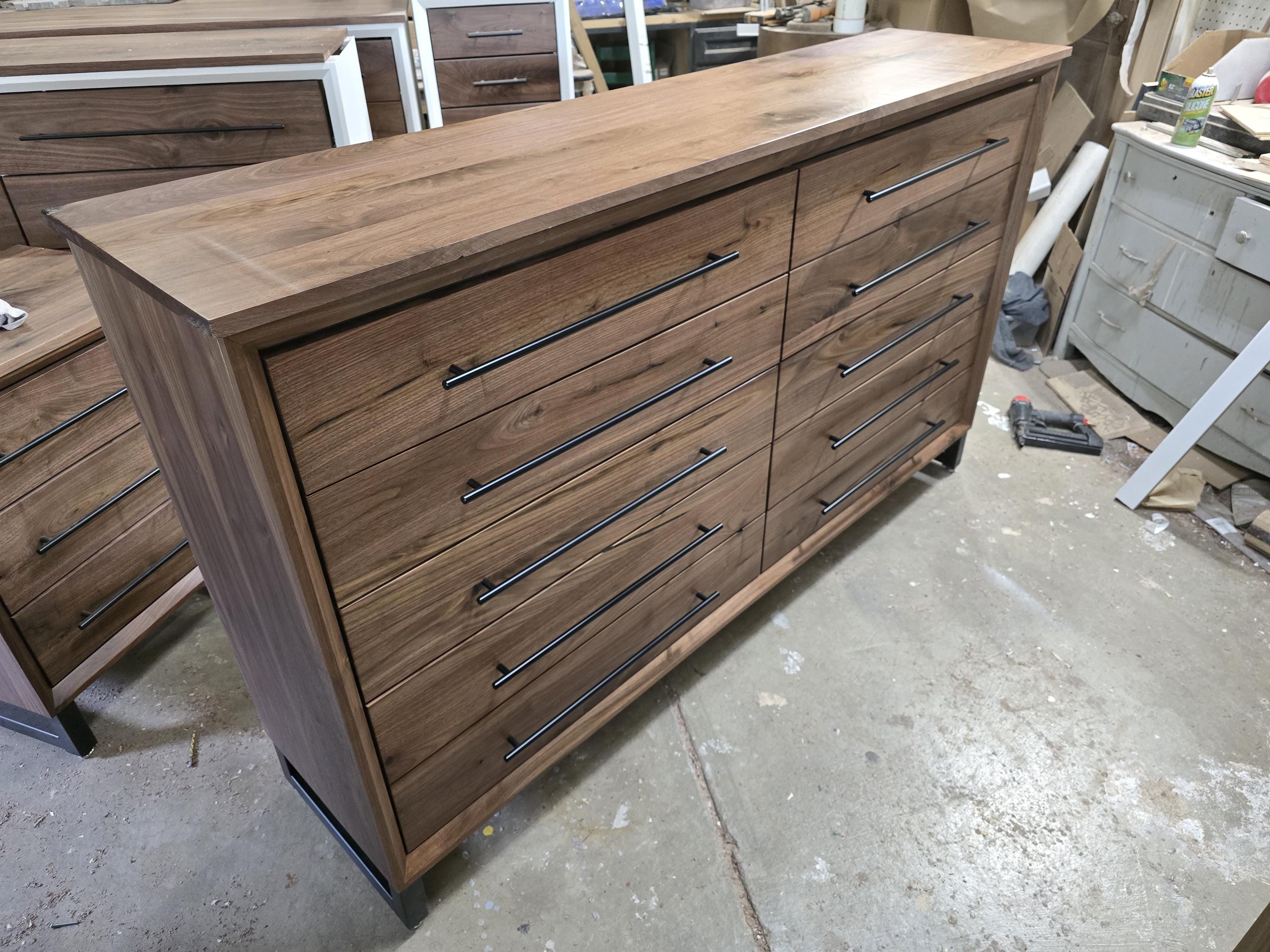 handcrafted 72w x 42t x 17d modern industrial walnut 10 drawer dresser.