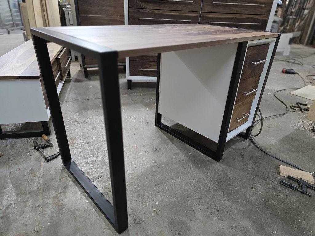 4ft wide 3 drawer modern desk with real walnut top and steel legs (shown in white) variations available.