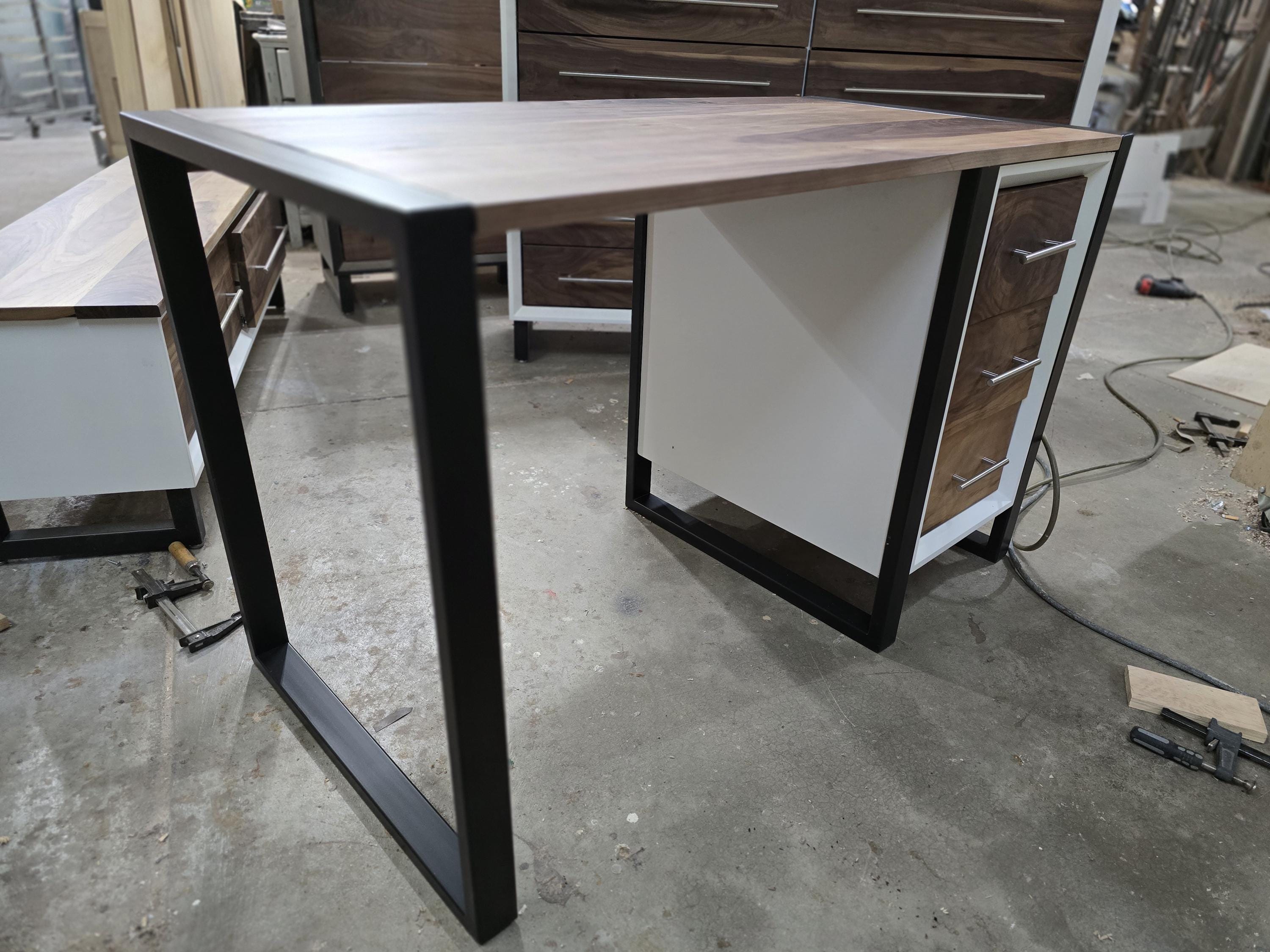 4ft wide 3 drawer modern desk with real walnut top and steel legs (shown in white) variations available.