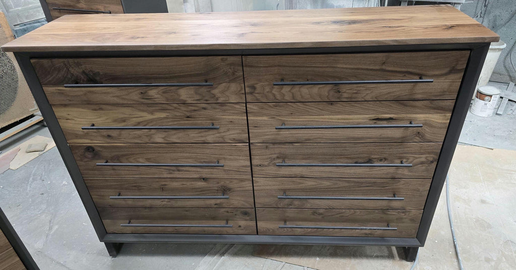 Hand Crafted 5 foot 42"tall  10 Drawer Modern Industrial Dresser with real Walnut Drawer Faces and top.