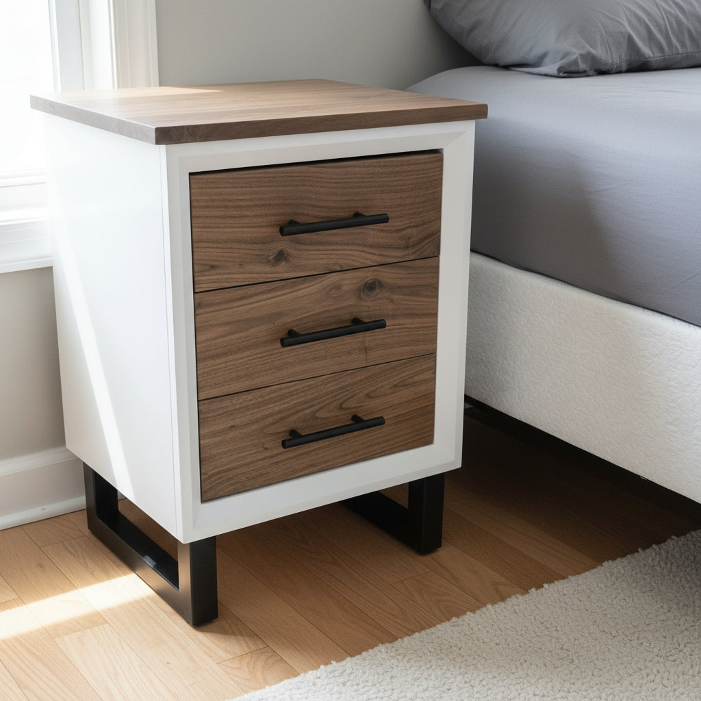 Handcrafted to order. 3 drawer nightstand in a white finish with real walnut fronts and top.