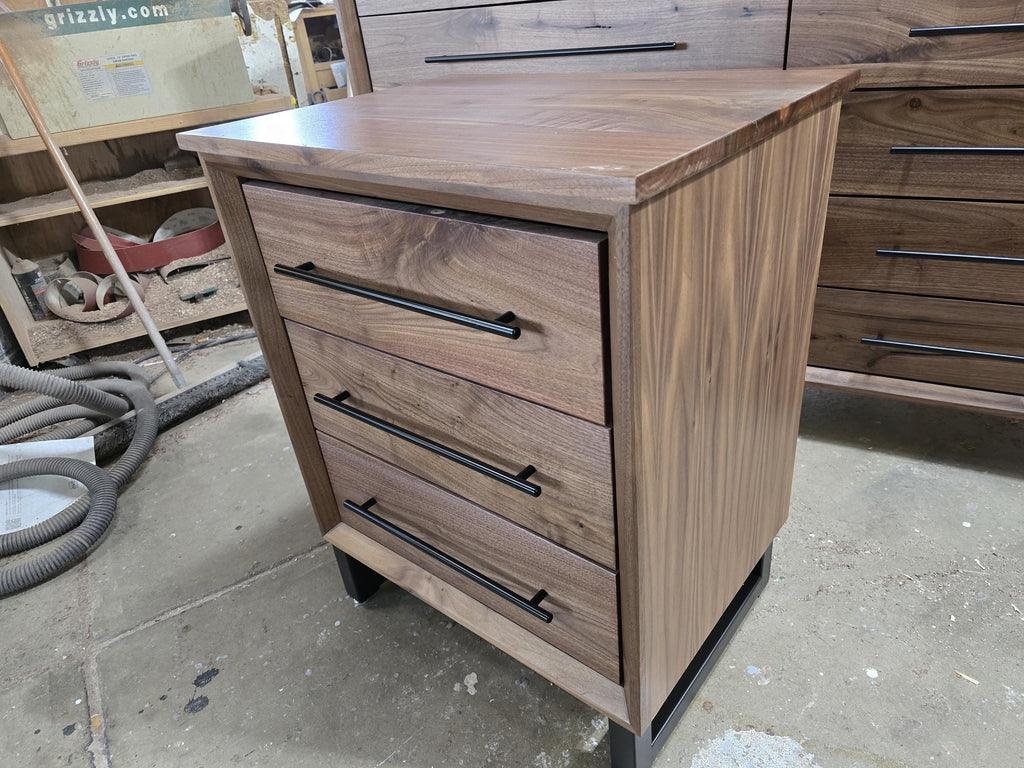handmade 24w x 30t x 18d walnut 3 drawer nightstand in modern industrial style