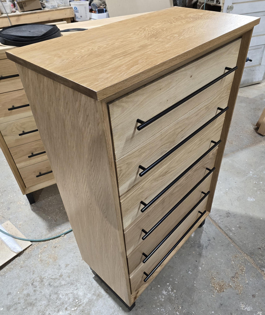 handcrafted Modern Industrial 6 drawer Chest of drawers in white oak 49t x 30w x 15d with Steel Legs and Adjustable Feet