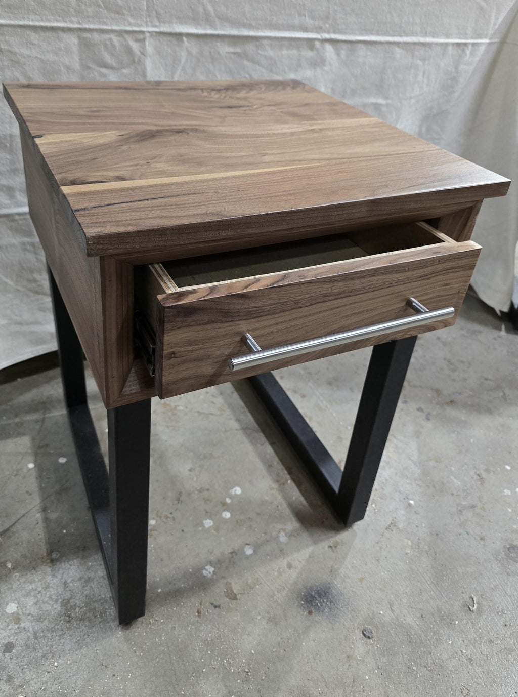 handmade 18 x 18 x 24t nightstands with white oak drawer front and top on steel legs