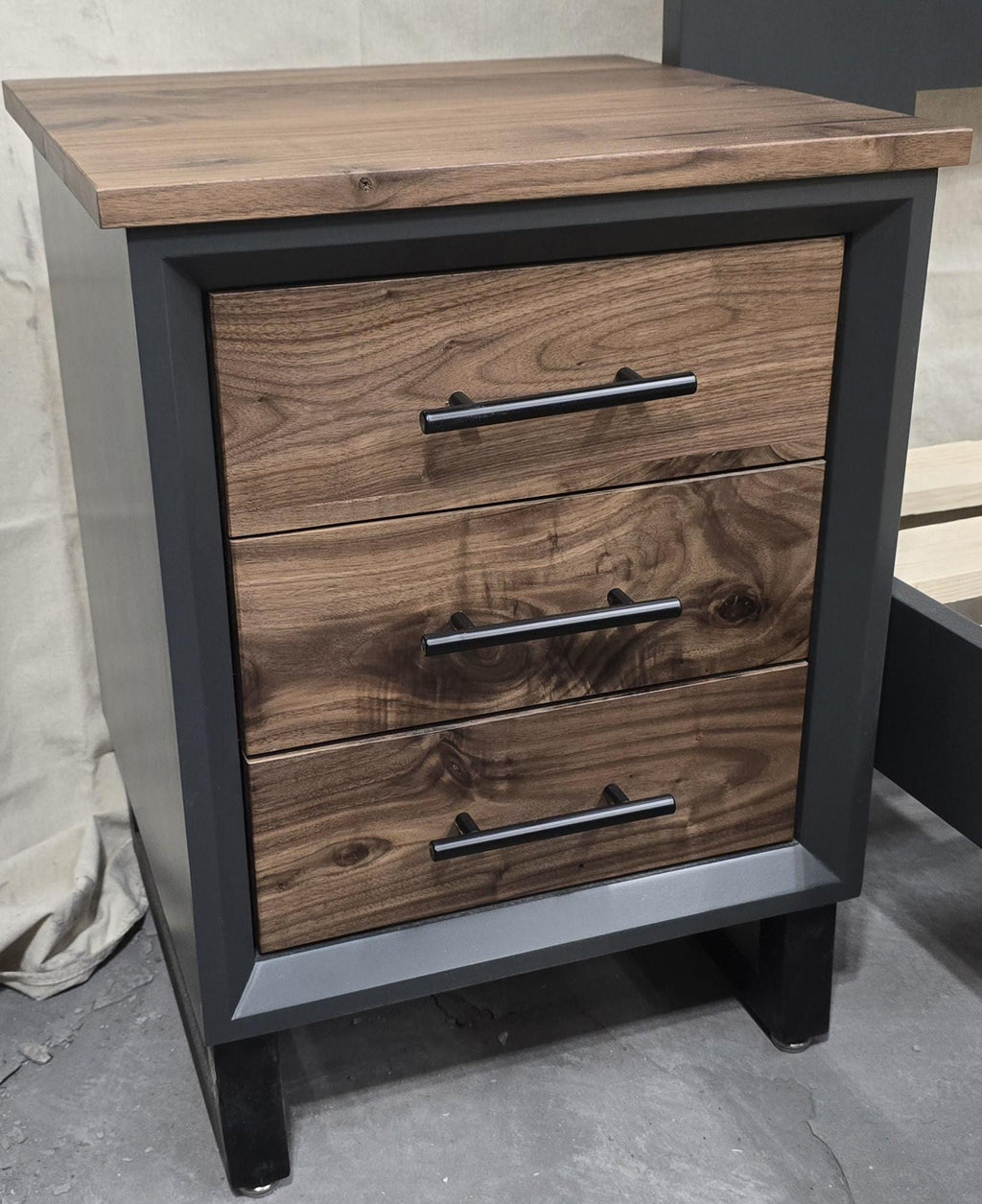 Handcrafted Modern 3 Drawer Nightstands with Walnut Face and Tops on 5" Steel Legs