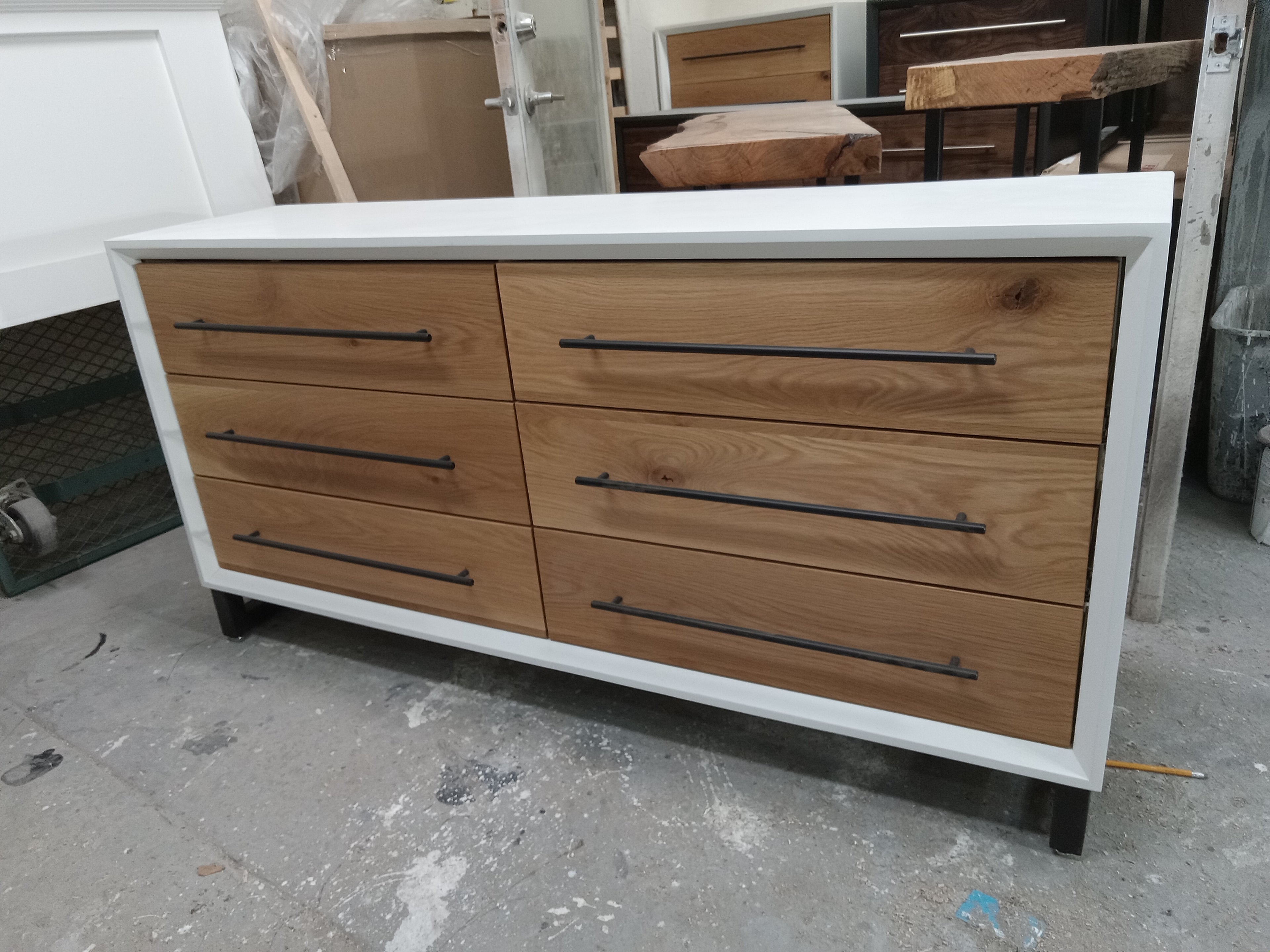 Modern 60"w 6 drawer dresser in white w/ white oak on 5" steel legs