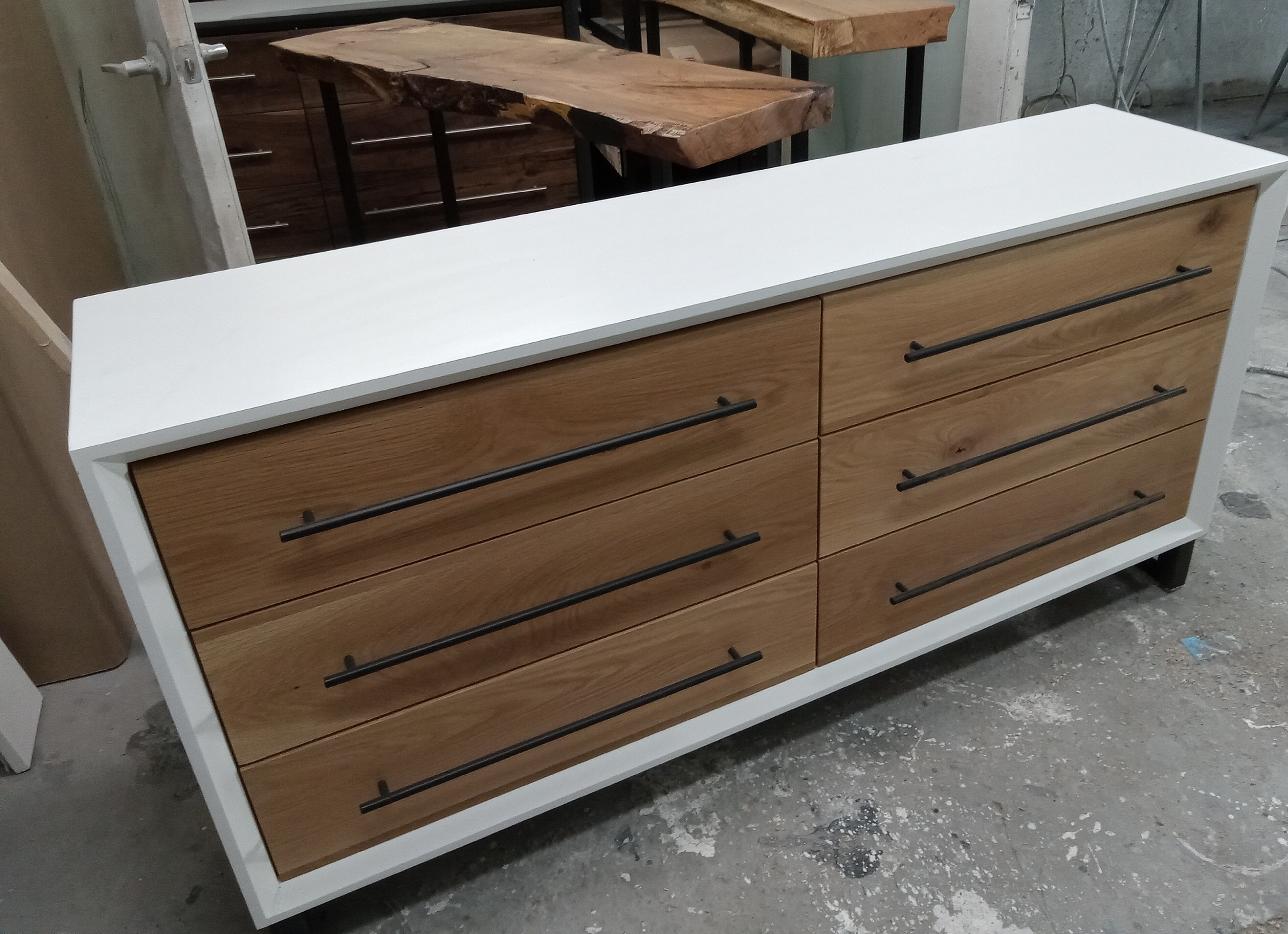 Modern 60"w 6 drawer dresser in white w/ white oak on 5" steel legs