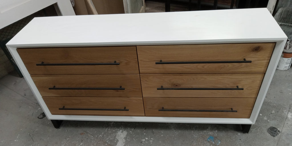 Modern 60"w 6 drawer dresser in white w/ white oak on 5" steel legs