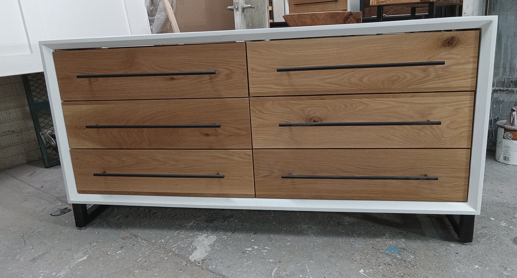 Modern 60"w 6 drawer dresser in white w/ white oak on 5" steel legs