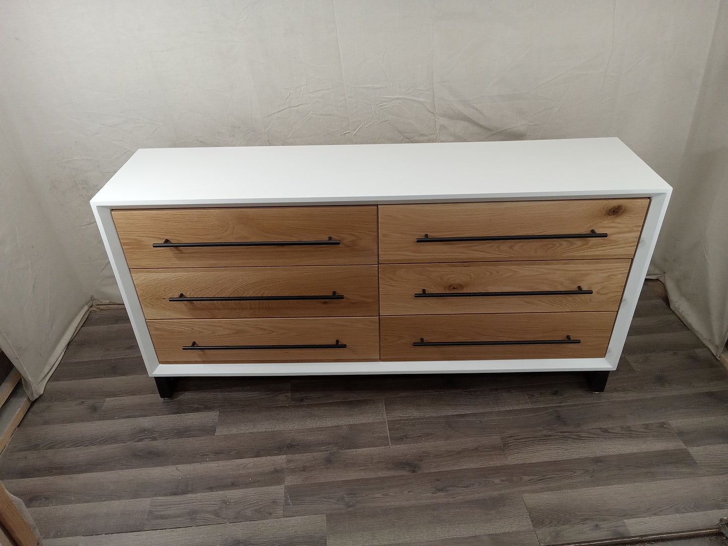 Modern 60"w 6 drawer dresser in white w/ white oak on 5" steel legs