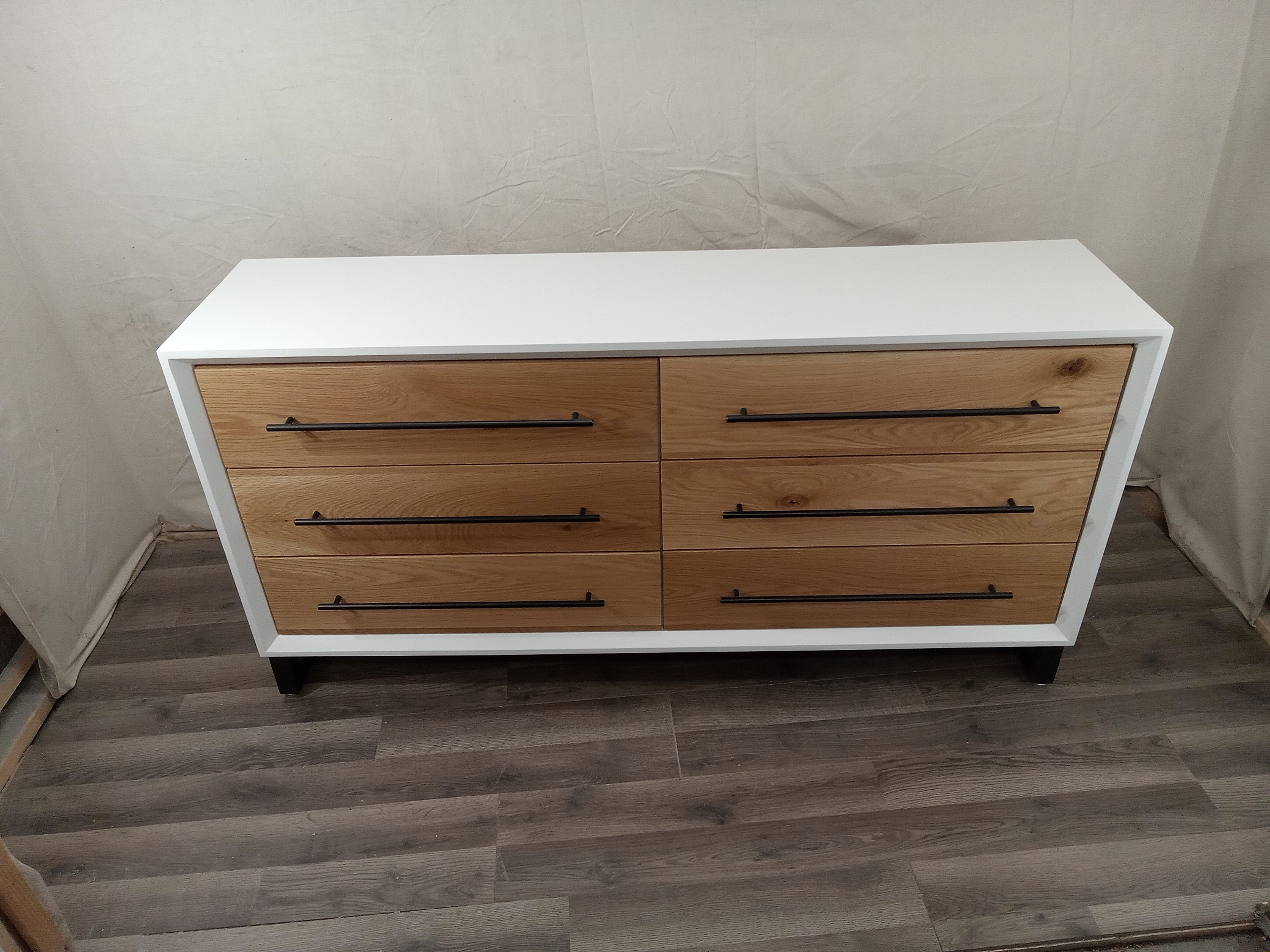 Modern 60"w 6 drawer dresser in white w/ white oak on 5" steel legs