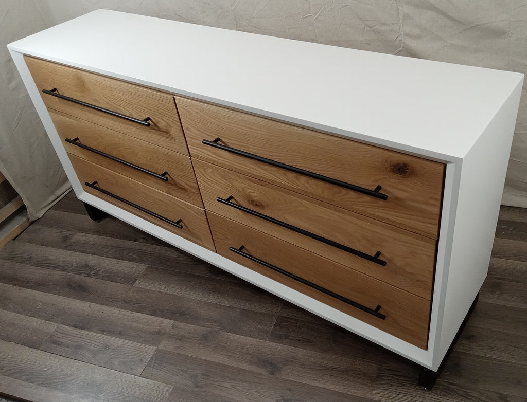 Modern 60"w 6 drawer dresser in white w/ white oak on 5" steel legs