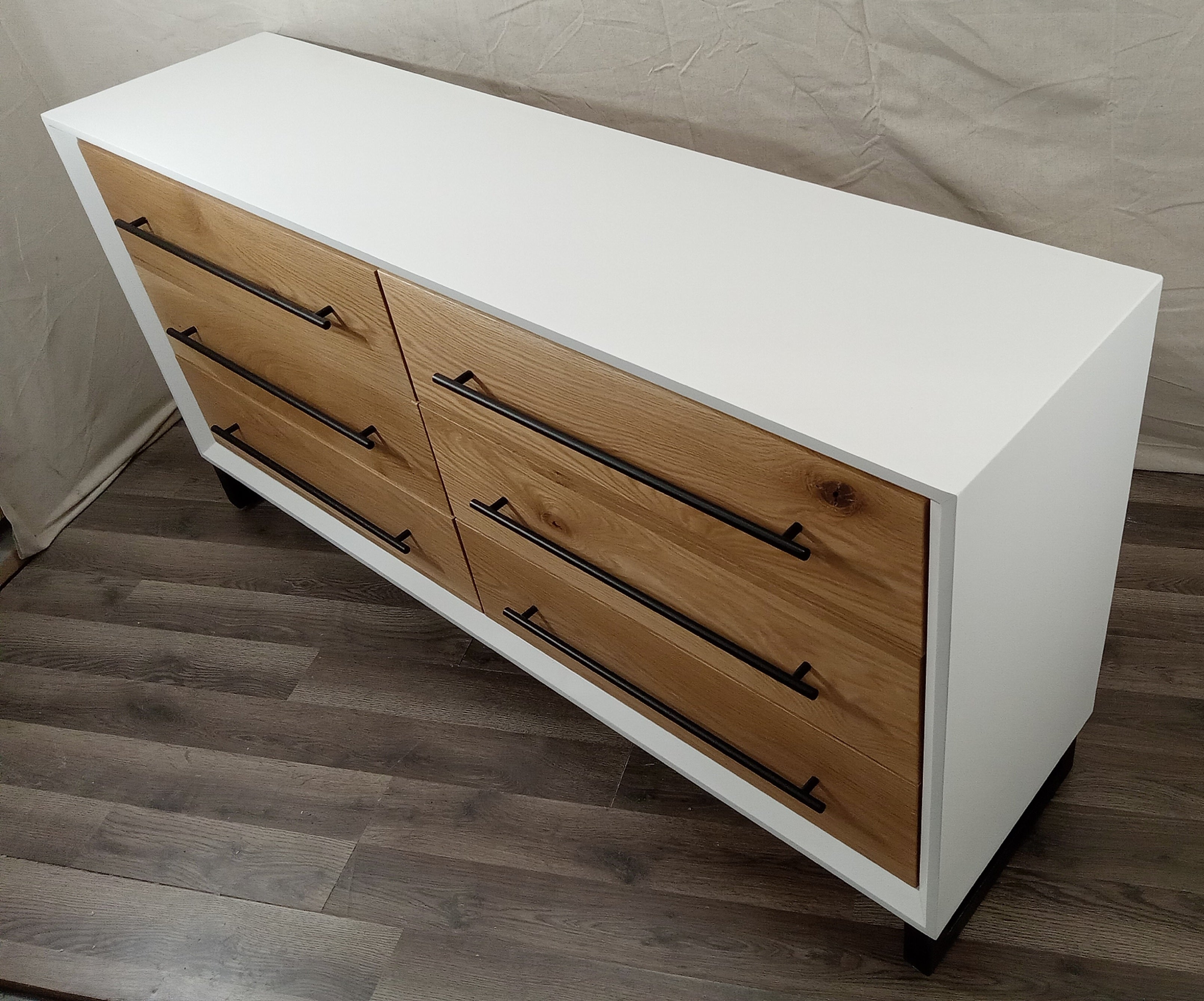 Modern 60"w 6 drawer dresser in white w/ white oak on 5" steel legs