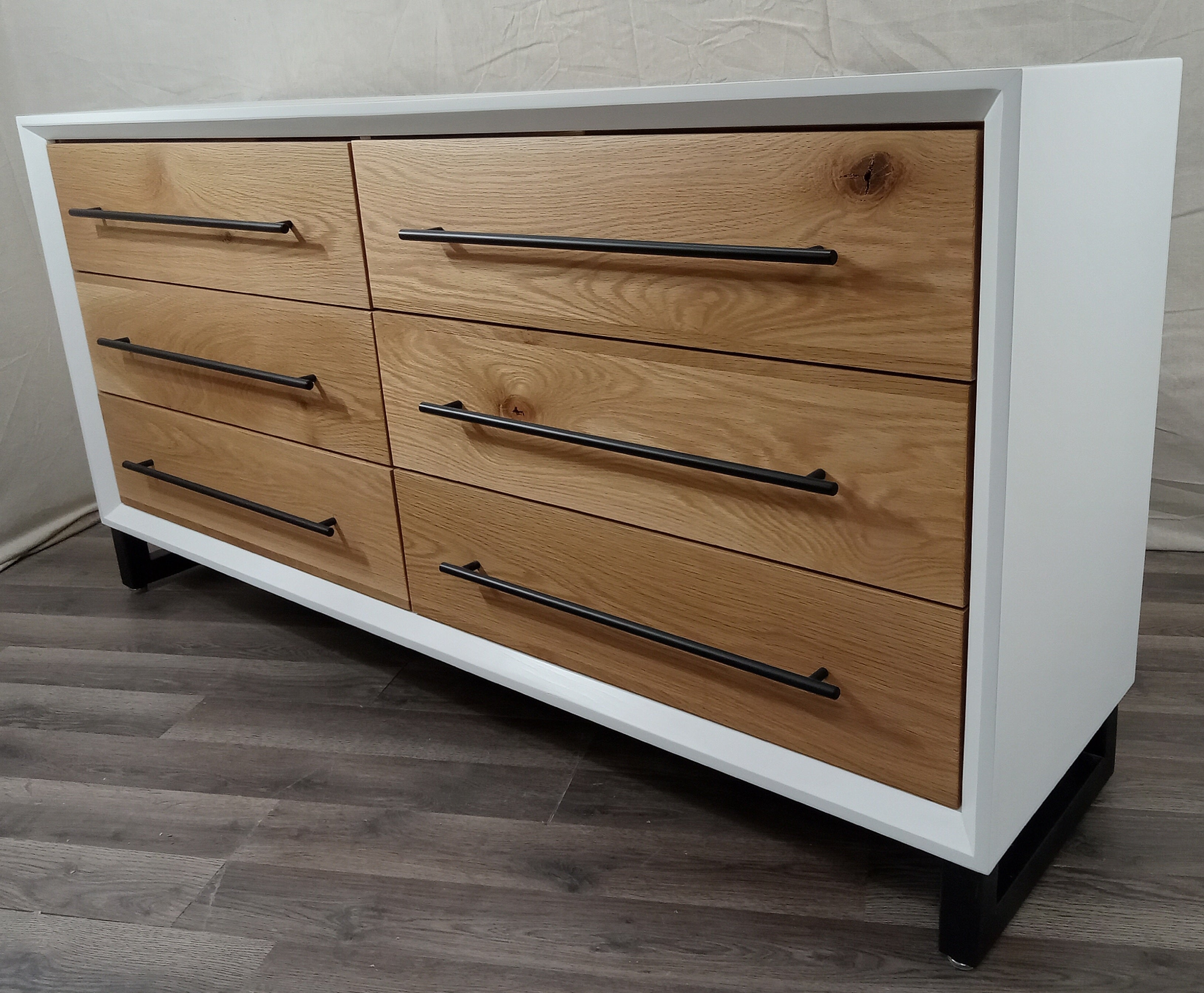 Modern 60"w 6 drawer dresser in white w/ white oak on 5" steel legs